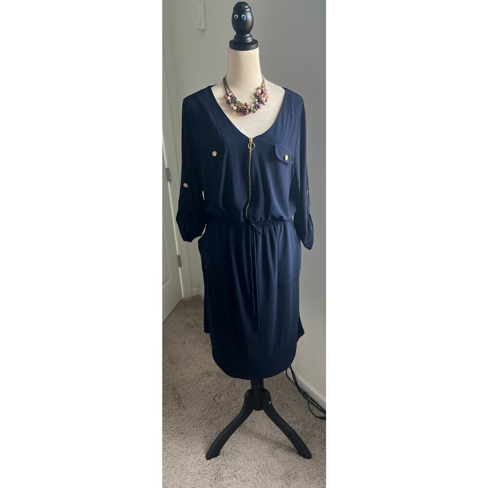 Soho Apparel Ltd Navy Blue Front Gold Zipper‎ Roll Up Long Sleeve Dress 1X